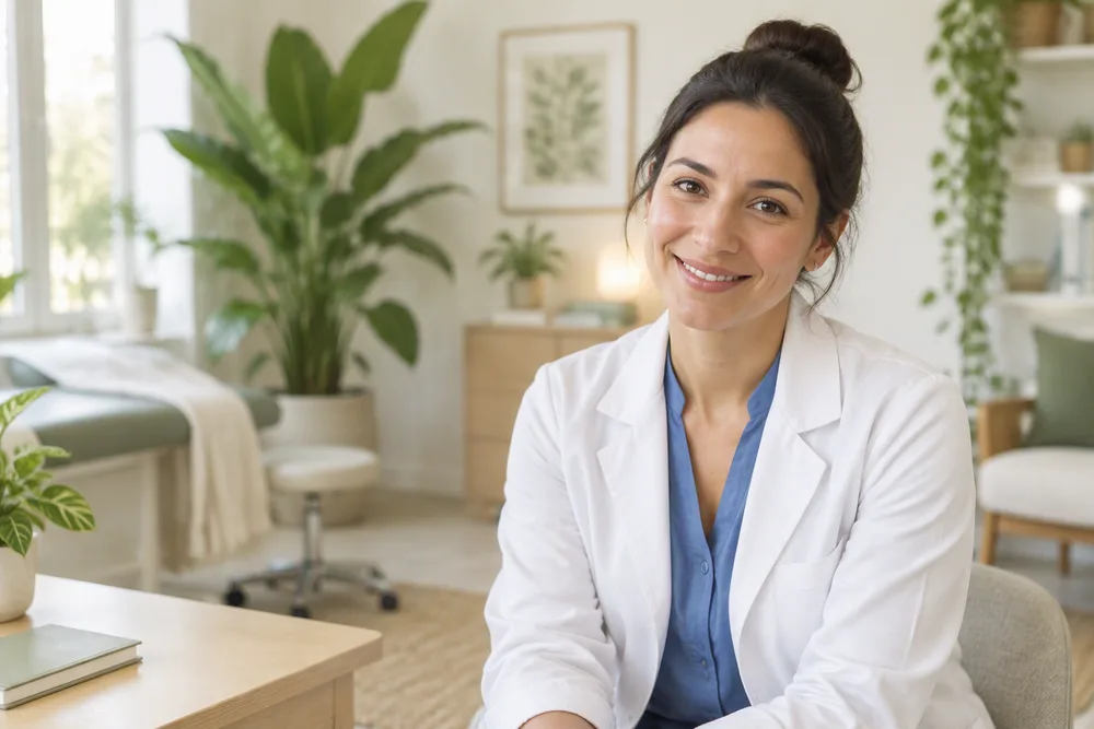 Profissional de saúde sorrindo em um espaço de atendimento.