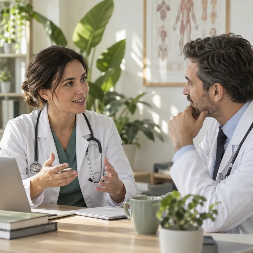 Uma médica e um médico conversando em um consultório iluminado.