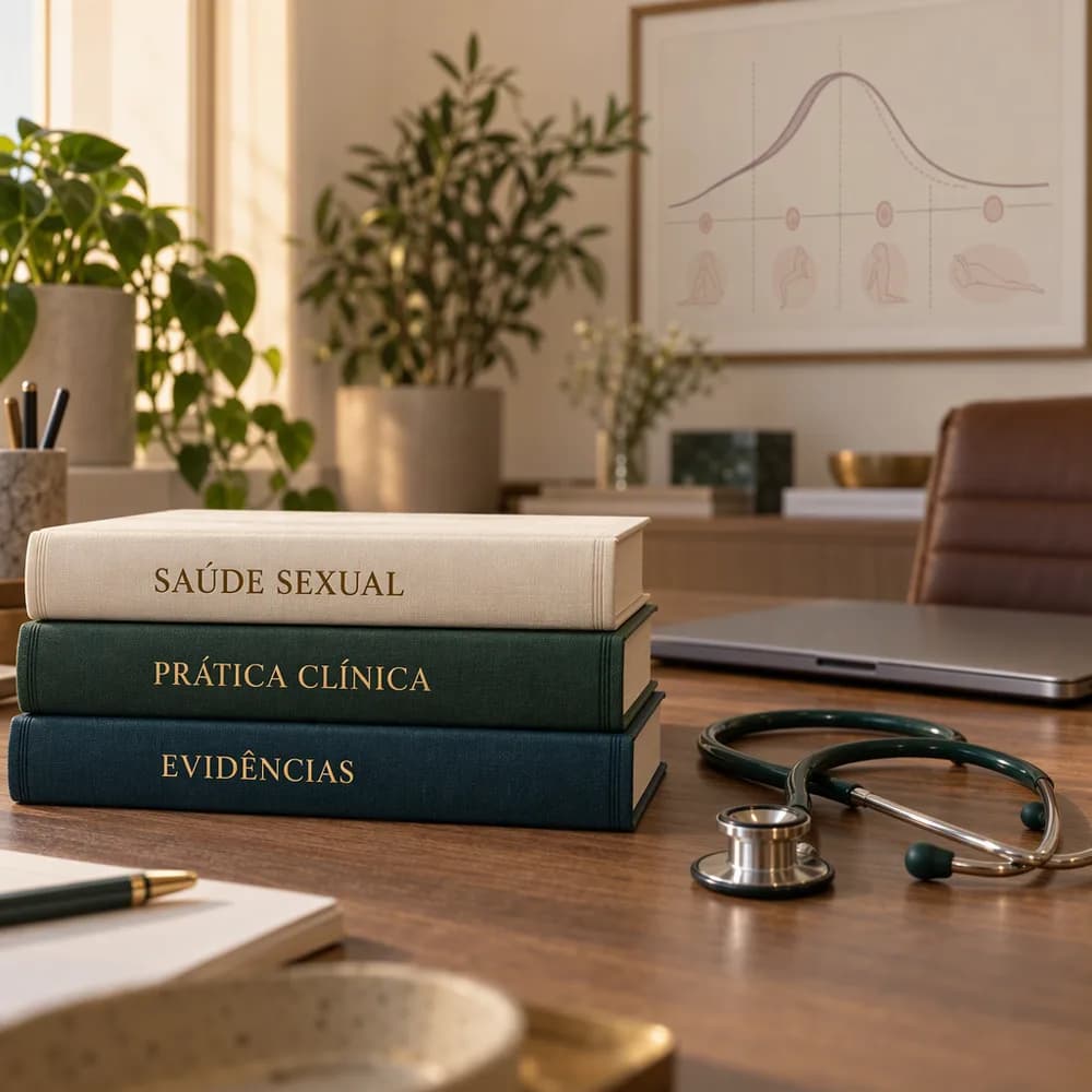 Mesa de consultório com livros sobre saúde sexual, prática clínica e evidências, ao lado de um estetoscópio.