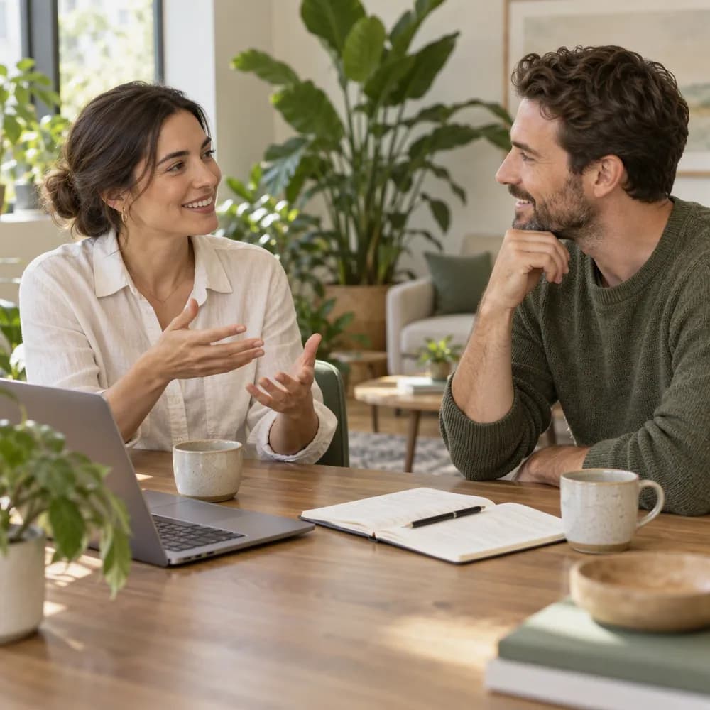 Uma profissional e um profissional de saúde conversando de forma descontraída em uma mesa de trabalho.