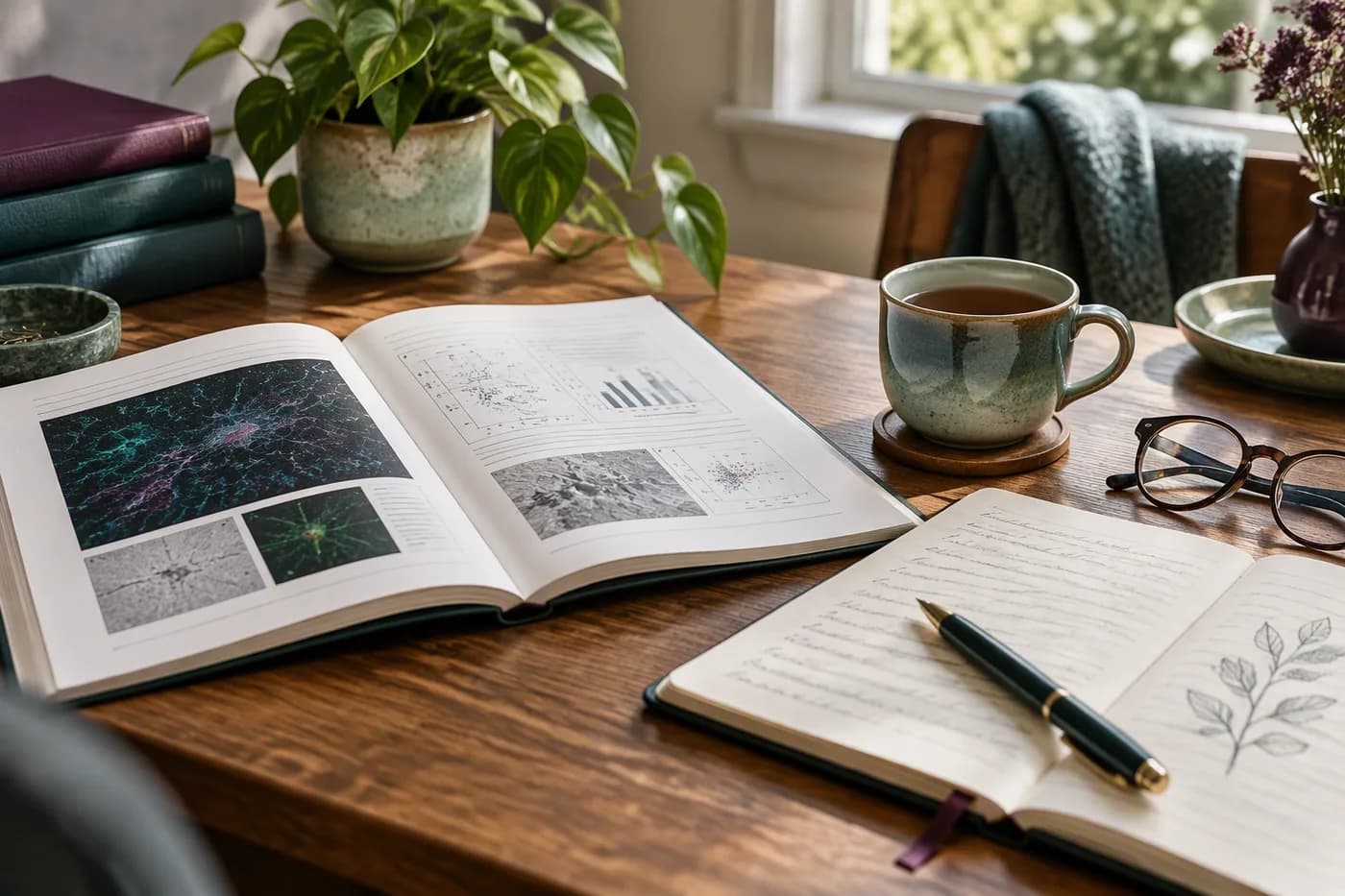 Mesa de estudo com uma revista científica aberta, caderno de anotações, caneta e uma xícara de chá.